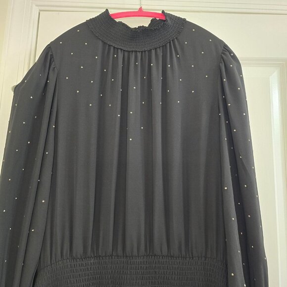 White House Black Market Long Sleeve Smocked Blouson Dress - Black W Rhinestones - Picture 3 of 10